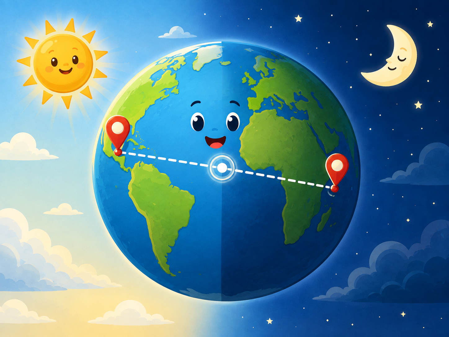 Wereldbol met twee locatiepinnen die tegenover elkaar aan weerszijden van de aarde liggen.