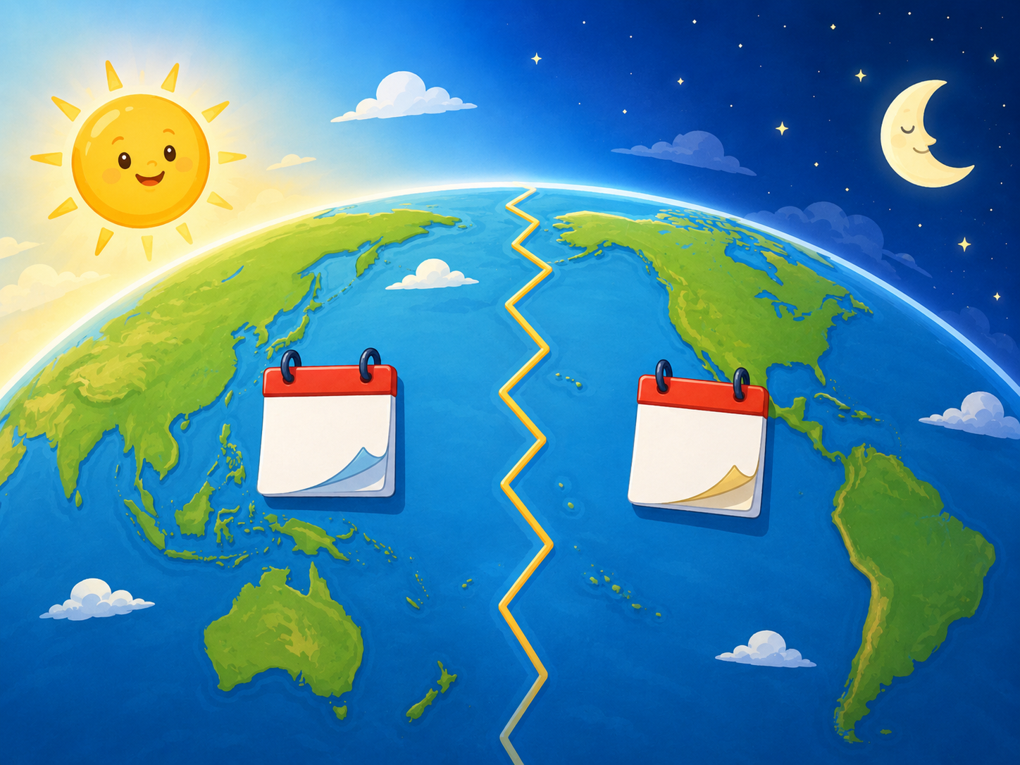 Wereldkaart rond de Stille Oceaan met een zigzaglijn die de internationale datumgrens voorstelt.
