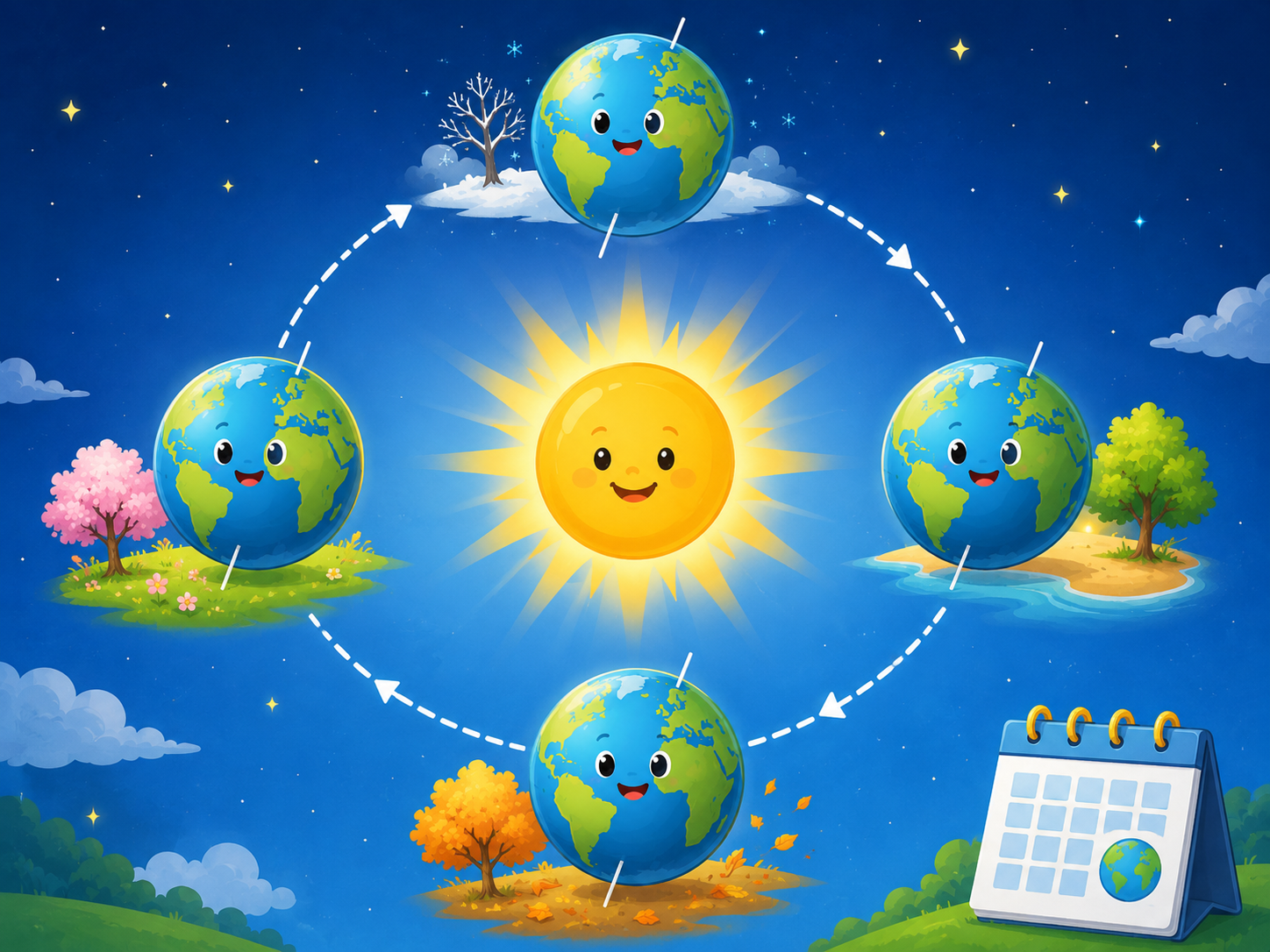 Aarde op verschillende plekken in haar baan rond de zon gedurende een jaar.