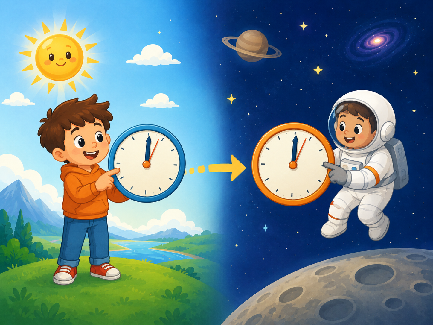 Kind op aarde en astronaut in de ruimte met klokken als eenvoudige uitleg van relativiteit.