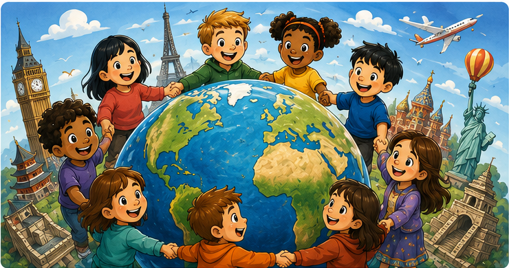 Kinderen op verschillende plekken op de wereld, op verschillende momenten van de dag.