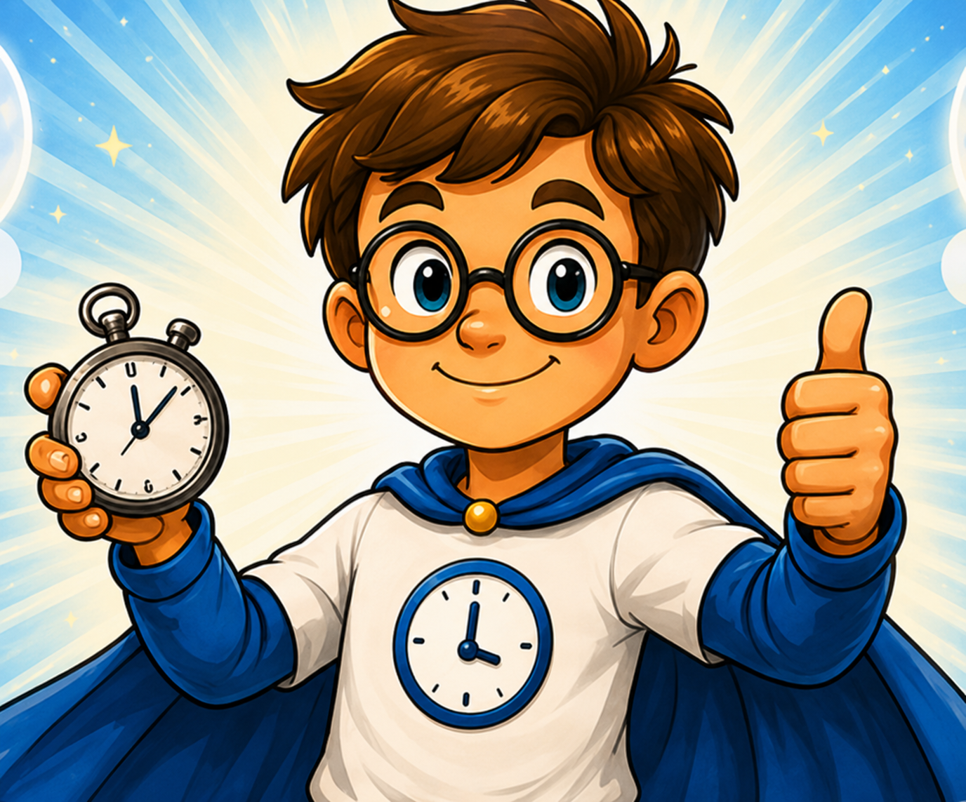 Een tijdexpert-kind met stopwatch, klok en duim omhoog.